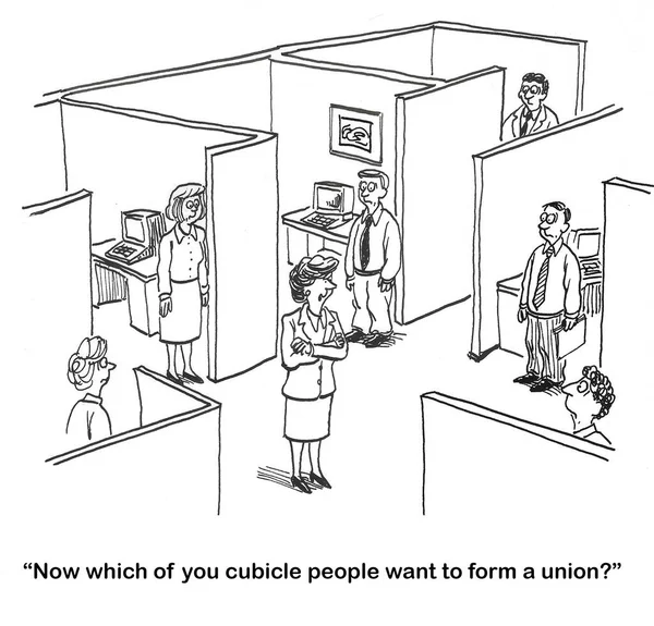 Bw卡通片展示了办公室里的员工和一个问他们是否想组织工会的人 免版税图库图片
