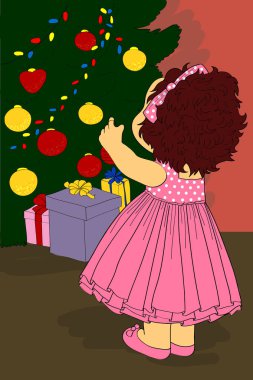 küçük kız süslenmiş Noel ağacı