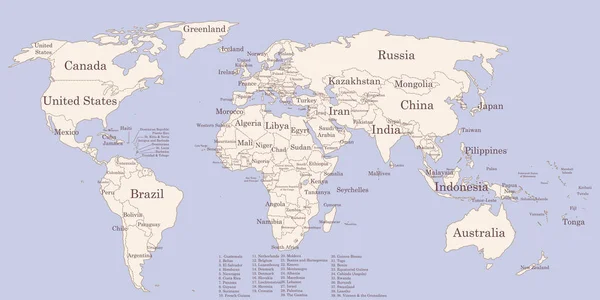 Mappa del mondo di contorno con i nomi dei paesi colori vintage — Vettoriale Stock