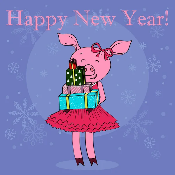 Happy new year card cartoon pig with gifts — Stock Vector