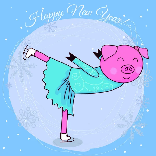Happy new year card cartoon pig skater — Stock Vector