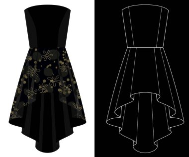 Strapless dress image with white outline silhouette on black clipart