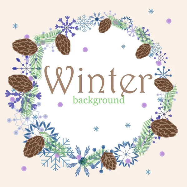 Fundo de inverno com flocos de neve vintage e cones —  Vetores de Stock