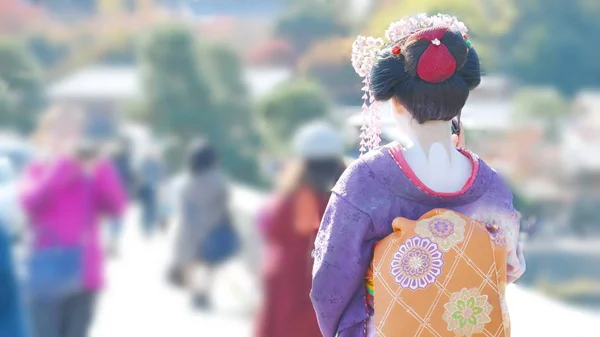 日本オリジナル ドレス 歩いて通り 伝統的な日本女性の芸能人の非常に美しいドレスと芸者 — ストック写真