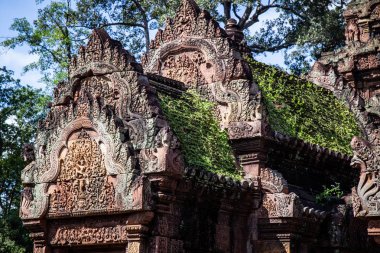 10. yüzyılın binalarını süsleyen ve Hindu tanrısı Shiva 'ya adanmış Angkor Kompleksi, Asya' daki Banteay Srei Tapınağı (Ban Tai Srei Tapınağı).