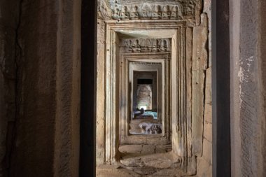 Antik tapınak taş Bayon Angkor adıyla Siem Reap, Kamboçya yüzler. Bayon'ın en belirgin özelliktir birçok kuleleri sakin ve gülümseyen taş yüzleri çok sayıda 