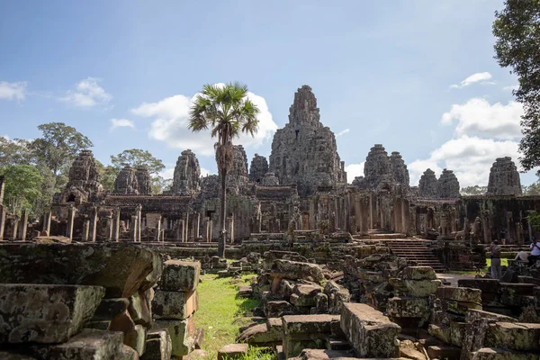 Nazwa Starożytnej Świątyni Bayon Angkor Kamienia Twarze Siem Reap Kambodża — Zdjęcie stockowe