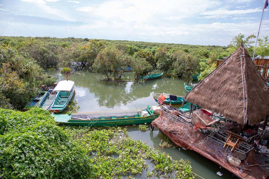 Flood Village name Kampong Phluk floating village at Tonle Sap lake, Siem Reap Province, Cambodia