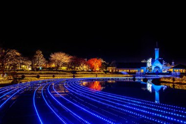 Mie, Japan - Aralık 2018: Landmark Nabana yok Sato bahçe su ve led yansıma ışık ile Nagaşima alanda ışık aydınlatma ile gece