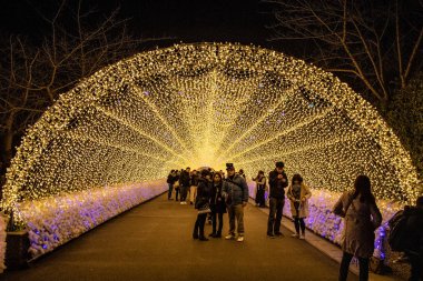 Nagoya, Japonya - Aralık 2018: Dev led ışık tünel Nabana Hayır Sato, Nagasima, Japonya ünlü yer. Çok sayıda turistin yürüyen ve fotoğraf çekme gezi