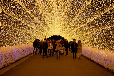 Nagoya, Japonya - Aralık 2018: Dev led ışık tünel Nabana Hayır Sato, Nagasima, Japonya ünlü yer. Çok sayıda turistin yürüyen ve fotoğraf çekme gezi