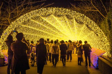 Nagoya, Japonya - Aralık 2018: Dev led ışık tünel Nabana Hayır Sato, Nagasima, Japonya ünlü yer. Çok sayıda turistin yürüyen ve fotoğraf çekme gezi