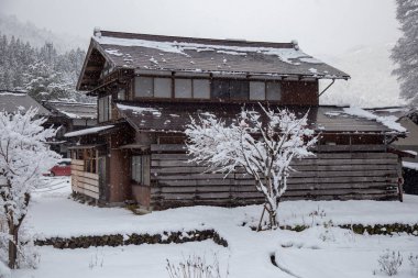 Geleneksel ev Gassho tarzı Unesco Dünya Mirasları Shirakawa-go köyü bölgesinde Kışın kar örtüsü birini bulun Gifu, Japonya
