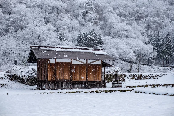 传统的房子 Gassho 风格的联合国教科文组织世界遗产之一 在白川乡村庄地区与雪盖冬季位于日本岐阜市 — 图库照片