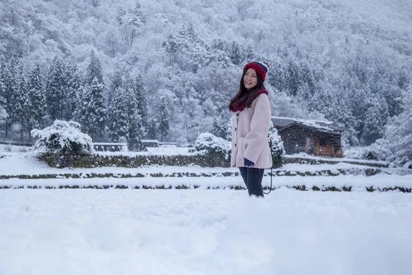 Happy Asian Girl Smile Snowing Shirakawa Village Winter Including Traditional — Stock Photo, Image