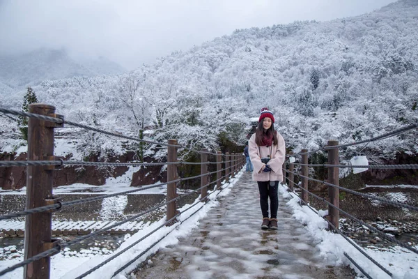 Happy Asian Girl Smile Snowing Shirakawa Village Winter Including Traditional — Stock Photo, Image