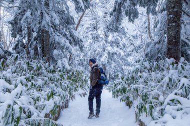 Kar tutarak ve çok mutlu bit altında Japonya Alp karlı havalarda soğuk hissi Mavi Yün şapka ile Asya adam portresi.