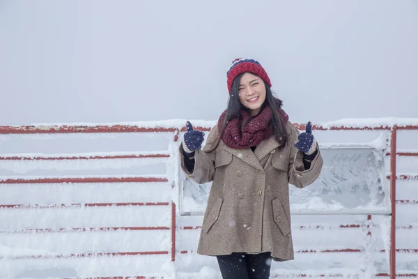 在日本阿尔卑斯山新和高观景台 红羊毛帽子妇女在雪下感到非常快乐和寒冷的肖像 — 图库照片
