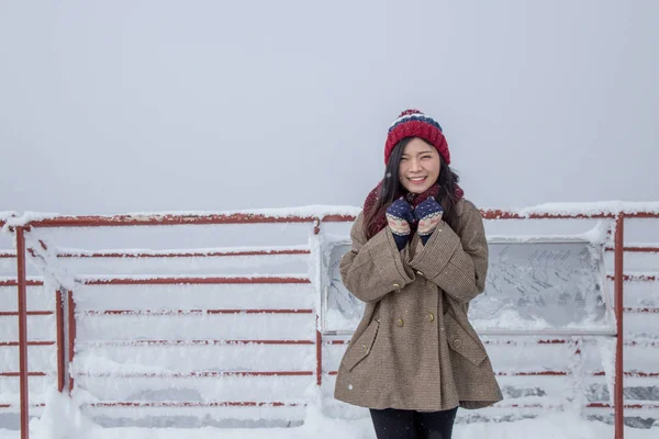 Portrait Woman Red Wool Hat Feeling Very Happy Cold Snowy — Stock Photo, Image