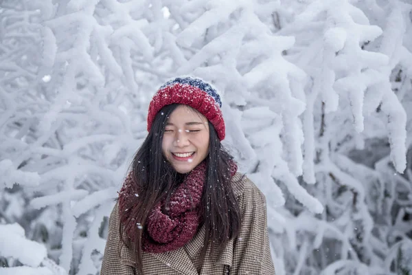 Portrait Woman Red Wool Hat Feeling Very Happy Cold Snowy — Stock Photo, Image