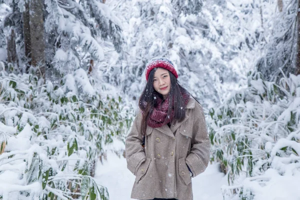 Portrait Woman Red Wool Hat Feeling Very Happy Cold Snowy — Stock Photo, Image