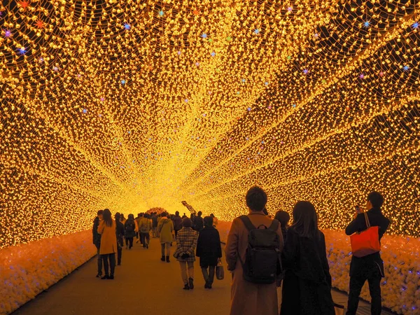 Nagoya, Japonya - Aralık 2018: Dev led ışık tünel Nabana Hayır Sato, Nagasima, Japonya ünlü yer. Çok sayıda turistin yürüyen ve fotoğraf çekme gezi