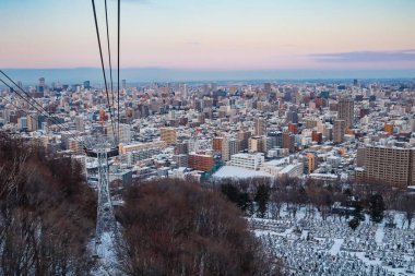 Mt. Dağın tepesinden bak. Moiwa Sapporo şehrinde, Hokkaido, Japonya 'da kış boyunca gece şehir manzarası bulanık arka planla.