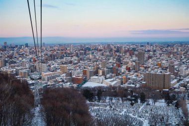 Mt. Dağın tepesinden bak. Moiwa Sapporo şehrinde, Hokkaido, Japonya 'da kış boyunca gece şehir manzarası bulanık arka planla.