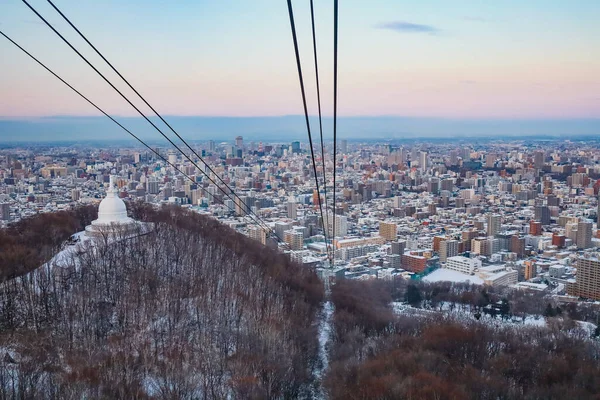 Mt. Dağın tepesinden bak. Moiwa Sapporo şehrinde, Hokkaido, Japonya 'da kış boyunca gece şehir manzarası bulanık arka planla.
