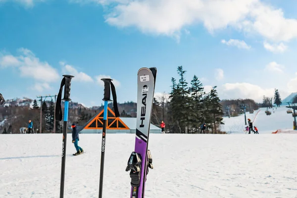 Hokkaido Japan Dezember 2019 Paar Gebrauchsfertige Ski Und Snowboardausrüstung Mit — Stockfoto