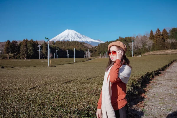 美丽的女人站在茶树中间 观照富士山的富真宫 水冈茶是世界上最好的天然茶之一 — 图库照片