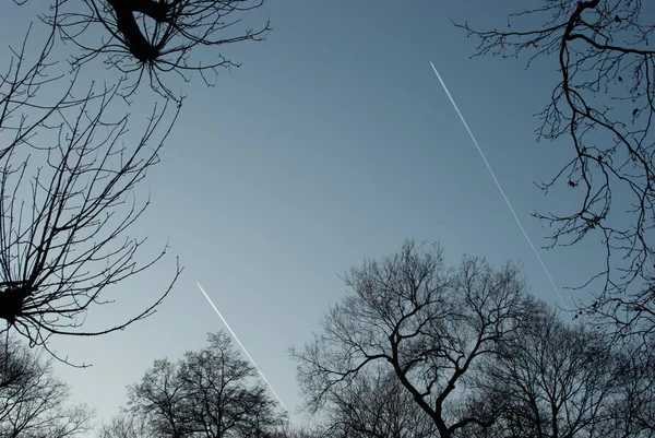 Zwei Parallele Kondensstreifen Durch Die Winternatur — Stockfoto