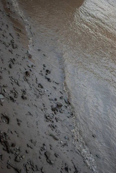 Oblázky Břehu Řeky Hnědou Vodou Stock Snímky