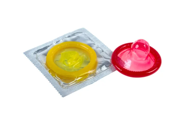 Färgade Kondomer Vit Bakgrund — Stockfoto