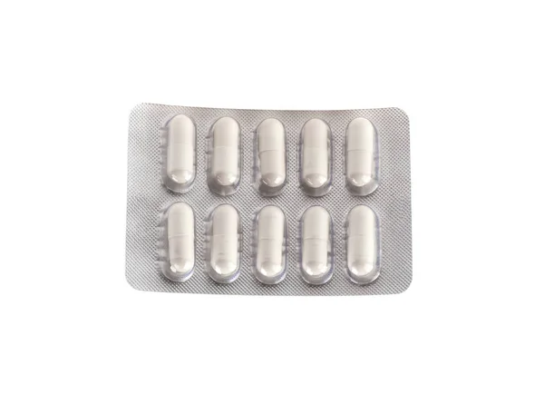 Medicamentos Embalagem Cápsulas Isolados Sobre Fundo Branco — Fotografia de Stock