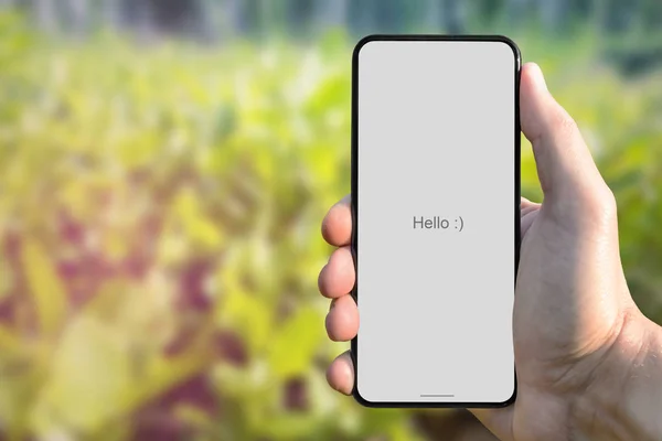 Akıllı telefon kullanan bir adam. Arka plan bulanık. Soyut yeşil bokeh.