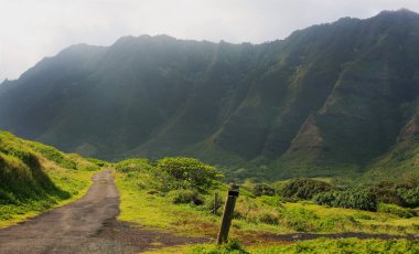 Yolun Kaaawa vadi boyunca Koolau Sıradağları, Oahu, Hawaii