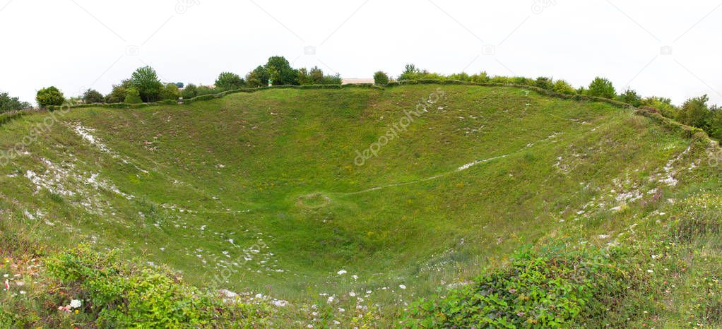Lochnagar Mine Crater, Ovillers-la-Boisselle, Somme, France. Crater created by detonation of underground mine during World War One.