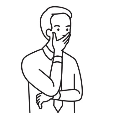 El ve ciddi seyir ile ağız kapsayan iş adamı. Vektör çizim portre chacter, anahat el çizmek taslak tasarım, basit tarzı. 