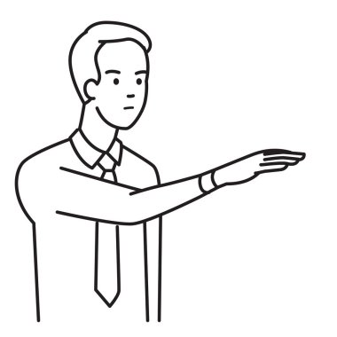 İşadamı gösteren beden dili yükseltilmiş el ve el hareketi ile aşağı palm veya yüz aşağı, agresif, yetki, egemenlik anlamı ya da tatminsiz. Vektör çizim karakter portre, anahat el çizmek kroki tarzı, basit tasarımı.  