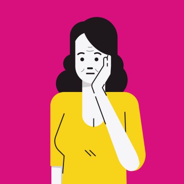 Yaşlı ya da emekli bir kadının portre portresi, ciddi ve endişeli yüz ifadesi, menopoz dönemi konsepti. Doğrusal biçimli düz tasarım. 