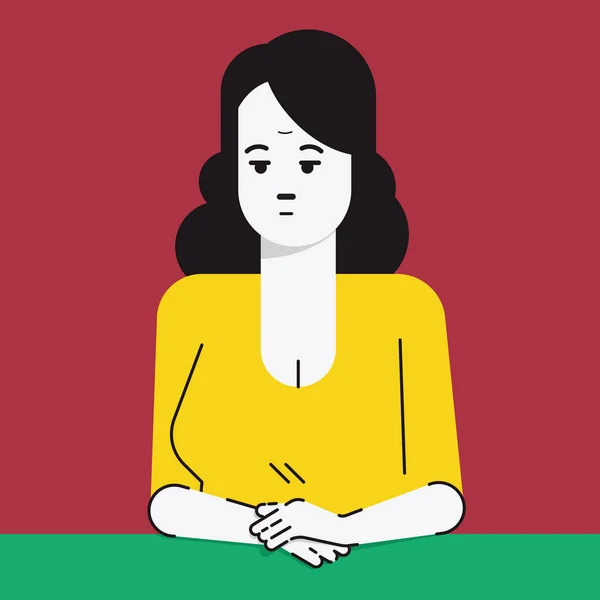 Illustrazione Vettoriale Personaggio Ritratto Donna Adulta Seduta Sola Mani Tavola — Vettoriale Stock
