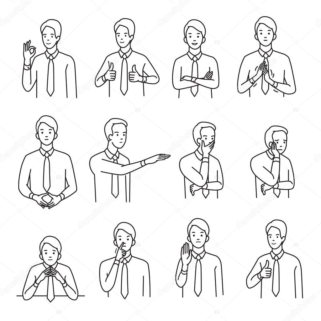 Vector illustration character portrait set of businessman with various hand sign body language and emotion expression. Outline, hand draw sketching style.