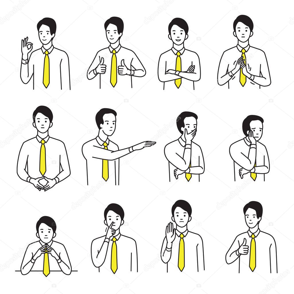 Vector illustration character portrait set of businessman with various hand sign body language and emotion expression. Outline, hand draw sketching style, simple design.