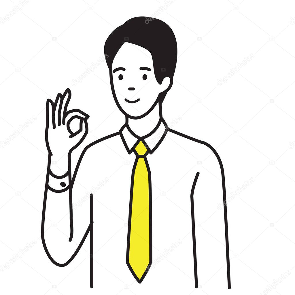 Vector illustration portrait of businessman showing gesture OK hand sign, agreement, happy, satisfy, approval, or well done expression. Outline, contour, hand draw sketching design, black and white simple style.