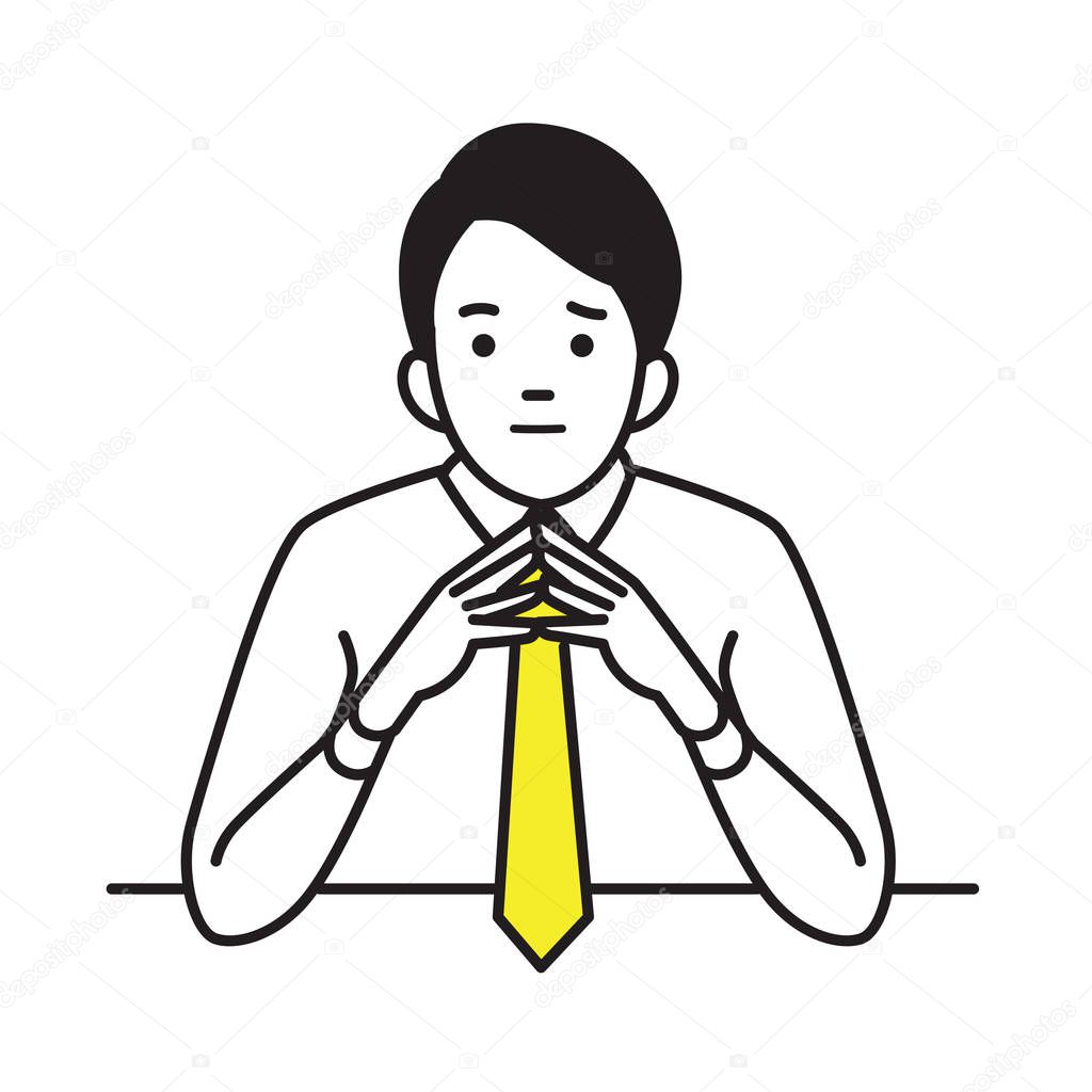 Businessman raised and steeple hands, in confidence, or thoughtful moment concept. Vector illustration character portrait, outline hand draw sketch style. 