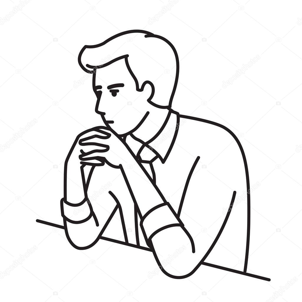 Businessman sitting table, clenched hands on his chin with serious, worried, stressed expression. Outline, contour, line hand draw sketch design, simple style.  