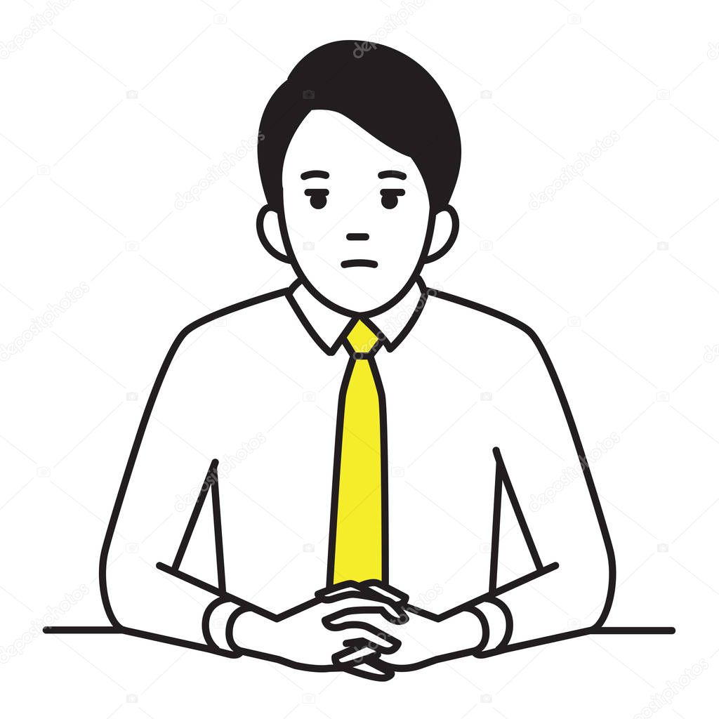 Businessman sitting table, clenched hands with serious, worried, stressed expression. Outline, contour, line hand draw sketch design, simple style. 