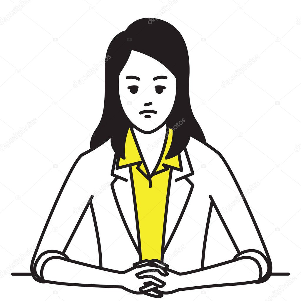 Businesswoman sitting table, clenched hands with serious, worried, stressed expression. Outline, contour, line hand draw sketch design, simple style. 
