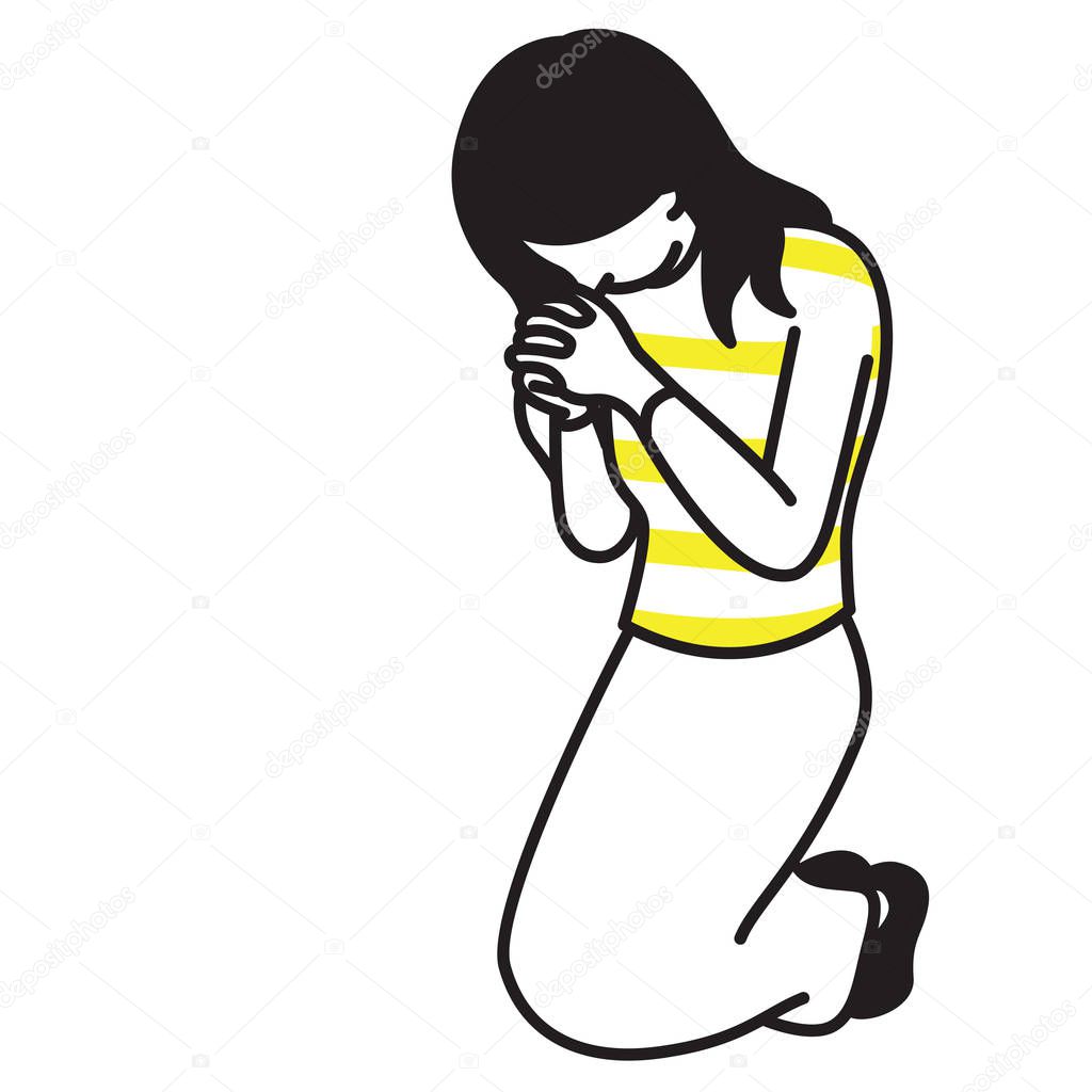 Vector illustration full length character of woman, kneeling down, holding hands, praying, making worship, religious concept. Outline, hand drawn sketch, line art, doodle, cartoon, simple design.